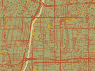 Obraz premium Abstract flat-design map of Paramount, California, featuring olive backdrop with warm rust street network and ochre blocks.