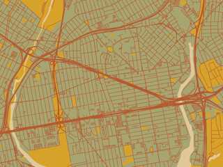Obraz premium Poster-ready flat map of Parkchester, New York, earthy sage background with rust roadways and ochre details.