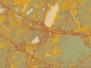 Naklejka premium Flat painterly map of Parsippany, New jersey in sage green ground with rust-red roads and ochre accents.
