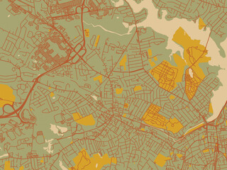 Vector-style flat map of Peabody, Massachusetts with sage green ground with rust-red roads and ochre accents.