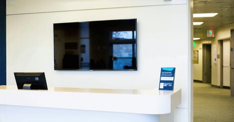 Glossy flat screen television off hospital reception with clean white desk