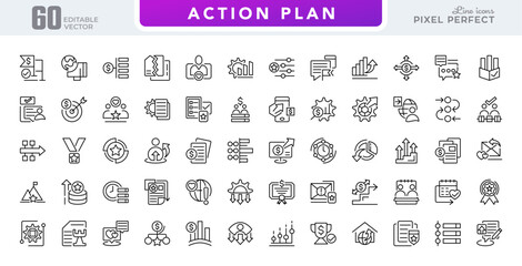 Action plan line icon set. Business planning, schedule, workflow, management, analysis, implementation, goals, and collaboration vector line icon pack. Editable stroke icons © RI Rafiq