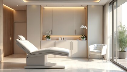Modern white aesthetic clinic interior. Treatment bed, comfortable armchair visible. Built-in cabinets display skincare products, potted white orchids. Large window brings bright natural light.