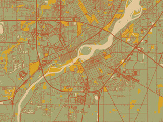 Obraz premium Abstract flat-design map of Perrysburg, Ohia, featuring olive backdrop with warm rust street network and ochre blocks.