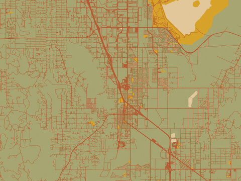 Minimalist flat city map of Perris, California with earthy sage background with rust roadways and ochre details.