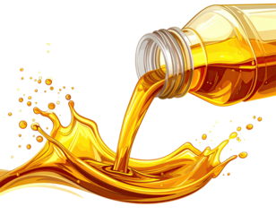 Golden liquid pouring from a bottle, creating dynamic splashes