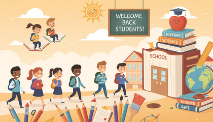 Back-to-School Event, Students, School Building, Illustration, Outdoors, Eye-Level, Education Concept