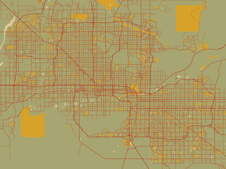 Abstract flat-design map of Phoenix, Arizona, featuring olive backdrop with warm rust street network and ochre blocks.