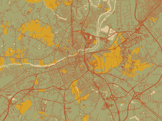Stylized minimalist map of Petersburg, Virginia in earthy sage background with rust roadways and ochre details.