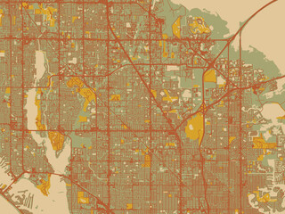 Abstract flat-design map of Pinellas Park, Florida, featuring muted sage base, rust-colored roads, and soft ochre highlights.