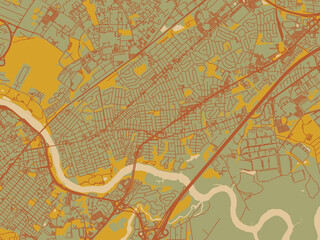 Flat painterly map of Piscataway, New jersey in olive backdrop with warm rust street network and ochre blocks.