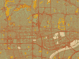Obraz premium Contemporary flat map of Placentia, California rendered with sage green ground with rust-red roads and ochre accents.