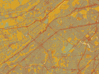 Vector-style flat map of Plainfield, New jersey with sage green ground with rust-red roads and ochre accents.