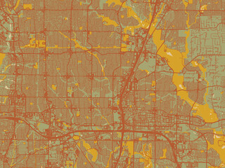 Fototapeta premium Modern flat map poster of Plano, Texas in olive backdrop with warm rust street network and ochre blocks.