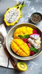 Vibrant fruit bowl atop oatmeal