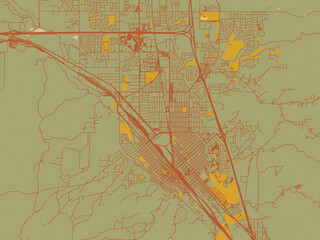 Abstract flat-design map of Pocatello, Idaho, featuring earthy sage background with rust roadways and ochre details.