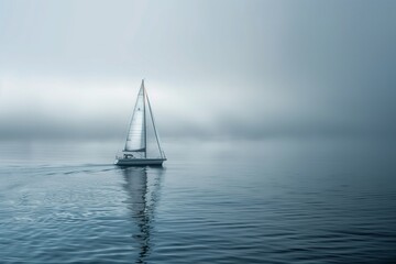 Obraz premium Small sailboat with single mast sailing through morning fog, moody atmospheric scene, mysterious adventure style.