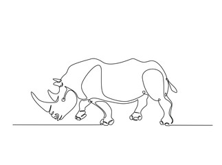Wild rhinoceros  in single outline illustration. Continuous line art drawing of rhino animal. Editable stroke.