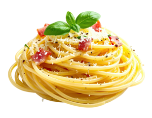 Nest of golden spaghetti topped with bacon, cheese, and fresh basil