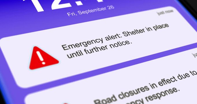 Emergency Alerts and Notifications, incoming alert messages on smartphone screen with government emergency warnings, scrolling messages, footage