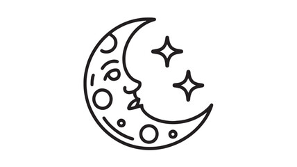 Obraz premium Whimsical crescent moon with a face and two sparkling stars in a simple outline style.