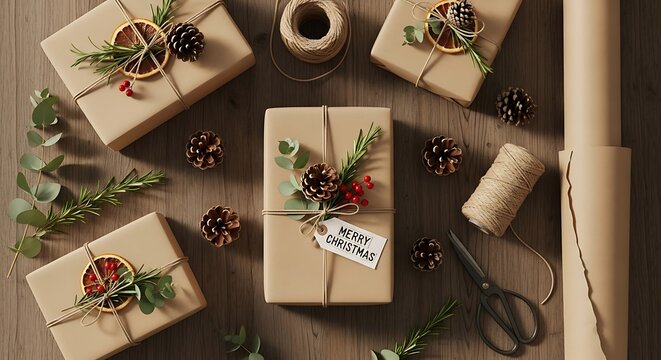 Beautifully Wrapped Christmas Presents with Natural Decorations and Festive Ribbons