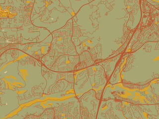 Flat painterly map of Rancho Penasquitos, California in muted sage base, rust-colored roads, and soft ochre highlights.
