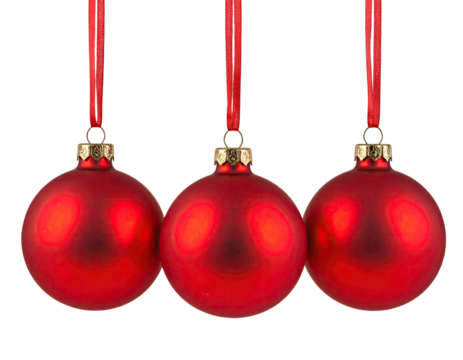 Three red Christmas ornaments hanging by ribbons