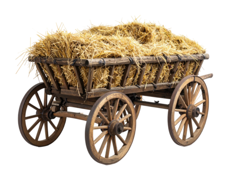 A wooden wagon overflowing with hay
