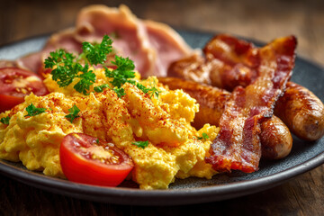 Hearty Breakfast: Scrambled eggs, sausage, bacon, ham and tomatoes, a savory start to the day.