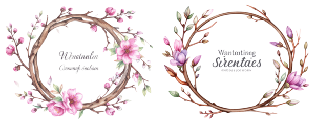Minimal Tree Branch Flower Wreath Frame Overlay, Pastel Painted PNG