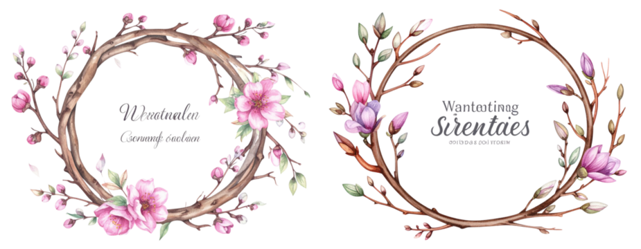 Minimal Tree Branch Flower Wreath Frame Overlay, Pastel Painted PNG - Powered by Adobe