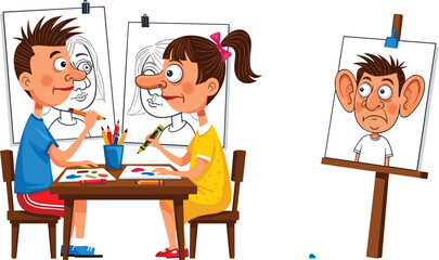 Children drawing caricatures of each other, funny cartoon art, playful kids creativity, humorous portraits, imagination, artistic expression, fun activity, learning