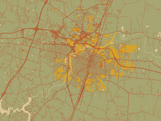 Vector-style flat map of Rocky Mount, North Carolina with sage green ground with rust-red roads and ochre accents.