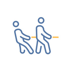 Two characters pushing rope. Tug of war icon. Competition, challenge, teamwork, strength, partnership. Vector thin line illustration. Editable stroke