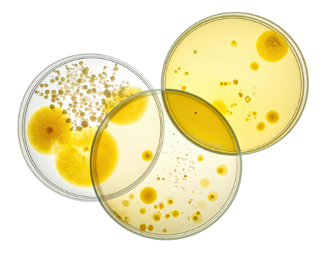 Petri dishes with various microbial colonies