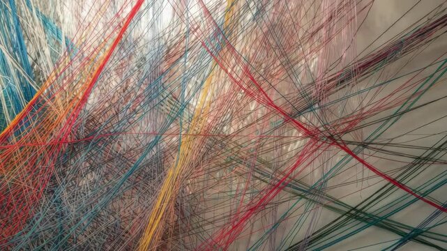 Colorful string art installation with intersecting vibrant threads