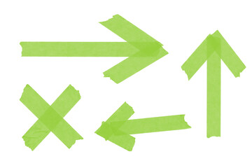 Green masking tape arrows isolated on transparent background pointing in different directions, offering a vibrant and playful touch for various creative projects and designs