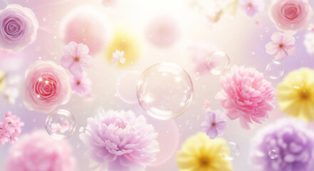 光に包まれた花とシャボン玉の幻想的な背景　春らしく柔らかい色合いのフェミニンデザイン
