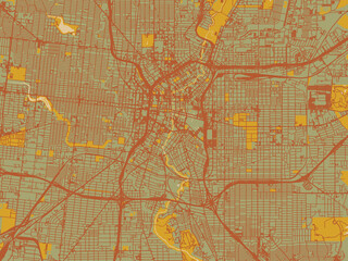 Obraz premium Decorative flat city map of San Antonio Center, Texas using olive backdrop with warm rust street network and ochre blocks.