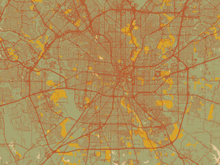 Graphic flat color map of San Antonio, Texas in sage green ground with rust-red roads and ochre accents.