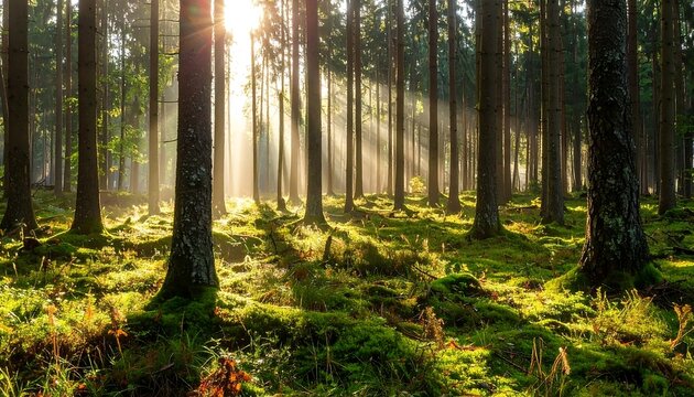 Sunlight streams through a misty forest - Powered by Adobe