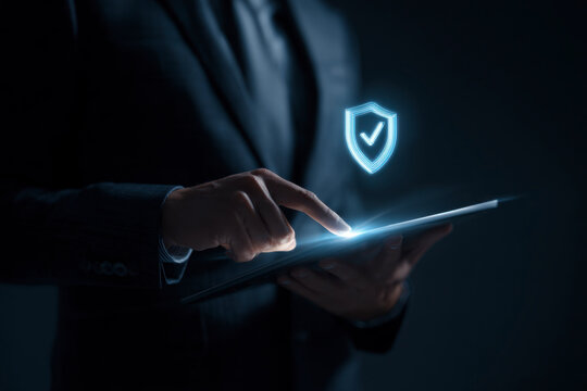 Data protection on digital devices: business man secures info with security app to prevent data breach