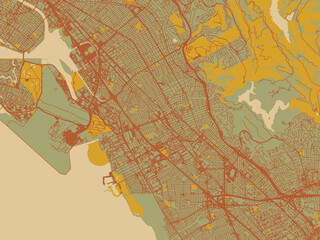 Abstract flat-design map of San Leandro, California, featuring earthy sage background with rust roadways and ochre details.