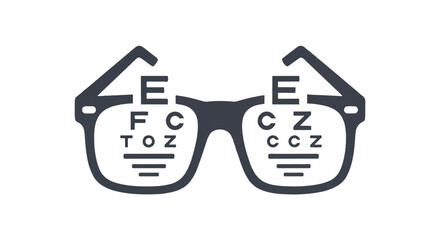 Fototapeta premium Graphic illustration of eyeglasses with eye test chart on the lenses against a white background.