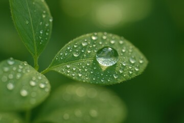 Fototapeta premium Close-up of Dew Drops on Green Leaves Capturing Nature's Beauty