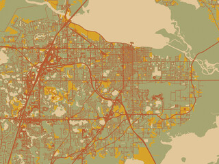 Stylized minimalist map of Sanford, Florida in sage green ground with rust-red roads and ochre accents.