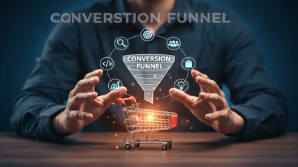 A businessman hands shaping a glowing cart and funnel icons for strategy, digital marketing and target audience, target marketing, conversion funnel - Powered by Adobe