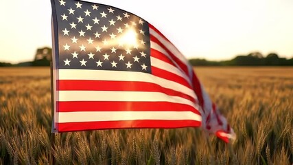 American flag waving proudly in a golden wheat field at sunset, symbolizing harvest, freedom, and seasonal gratitude. - Powered by Adobe