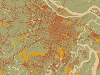 Obraz premium Stylized minimalist map of Savannah, Georgia in earthy sage background with rust roadways and ochre details.
